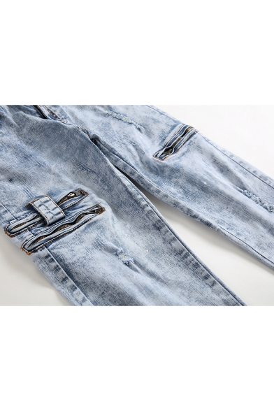Guys Cool Bleach Washed Zip-Embellished Patchwork Ripped Stretch Fit Jeans in Light Blue