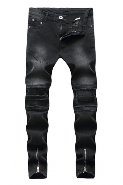 Guys New Stylish Zip Cuff Pleated Knee Patched Stretch Slim Fit Black Ripped Jeans Biker Jeans