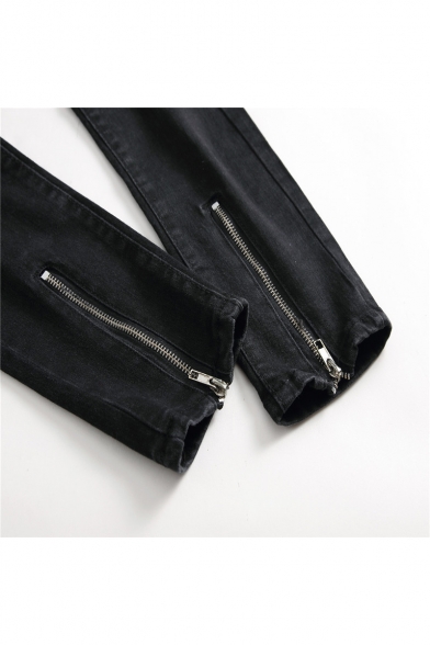 Guys New Stylish Zip Cuff Pleated Knee Patched Stretch Slim Fit Black Ripped Jeans Biker Jeans