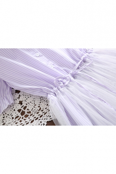 Lovely Doll Collar Mesh Inert Striped Print Short Sleeve Button Front Drawstring Waist Midi A-Line Dress