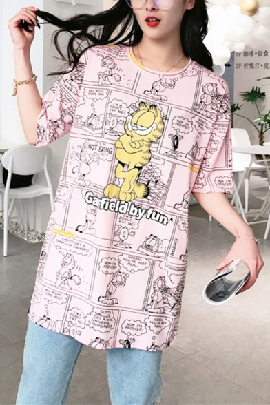 Lovely Letter Garfield Comic Printed Round Neck Half Sleeve Longline Pullover T-Shirt