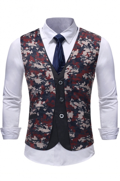 Men's Fashion Camo Printed Single Breasted Fake Two-Piece Wedding Suit Vest for Groom