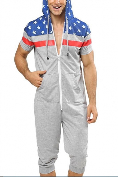 Men's New Fashion Star Printed Short Sleeve Hoodie Sport Loose One Piece Zip Up Grey Rompers