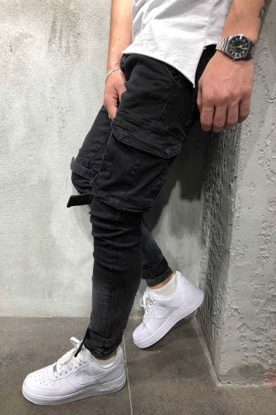 Men's Street Fashion Cool Flap-Pocket Side Velcro Patched Black Cargo Jeans