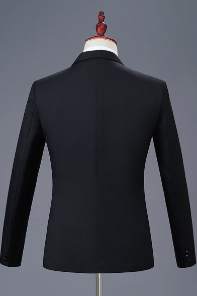 Men's Stylish Floral Applique Notched Lapel Long Sleeve Black Prom Tuxedo Suit Set