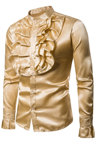 Men's Stylish Plain Stand-Collar Long Sleeve Pleats Ruffle Front Button-Up Satin Shirt for Men