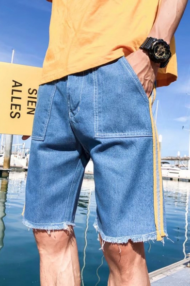 Men's Summer Blue Frayed Edges Striped Side Straight Fitted Denim Shorts