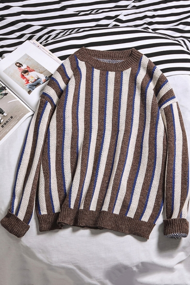 Men's Trendy Vertical Striped Round Neck Long Sleeve Pullover Sweater