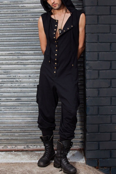 Mens Cool Street Fashion Black Hooded Sleeveless Button Down Casual Loose Jumpsuits