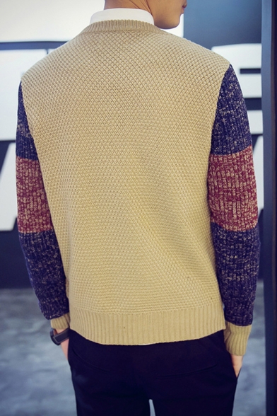 Mens New Stylish Colorblock Round Neck Long Sleeve Marled Knit Jumper