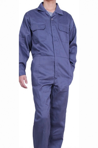 Mens Simple Solid Color Long Sleeve Notched Lapel Collar Flap Pocket Front Casual Mechanic Coveralls