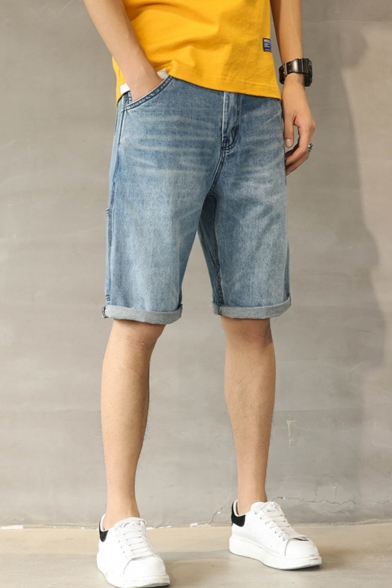 Mens Simple Vintage Washed Relaxed Fit Light Blue Denim Shorts