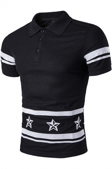 Mens Summer Simple Star Stripe Printed Three-Button Slim Fit Polo Shirt