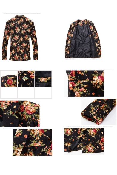 New Arrival Floral Print Single Button Notched Lapel Split Back Long Sleeve Mens Slim Blazer Jacket