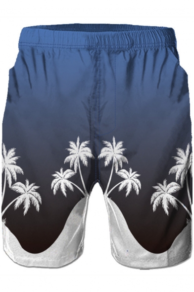 New Stylish Coconut Tree Printed Color Block Elastic-Waist Navy Swim Trunks for Men
