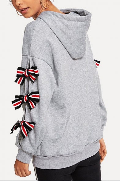 New Stylish Gray Bow Tie Long Sleeve Loose Relaxed Hoodie