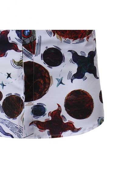New Stylish Men's Starry Sky Printed Short Sleeve Fitted White Button-Front Shirt