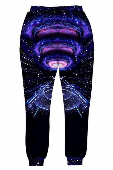New Trendy 3D Galaxy Printed Drawstring Waist Mens Gathered Cuff Black Casual Sweatpants