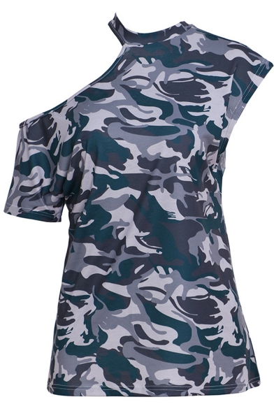 New Trendy Camouflage Print Cold Shoulder Short Sleeve Loose Fit T-Shirt