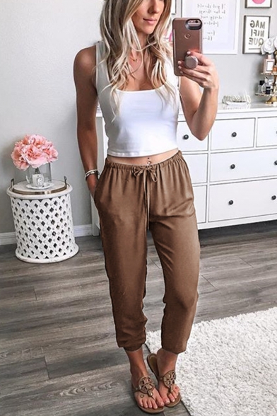New Trendy Simple Plain Drawstring Waist Leisure Tapered Pants with Pockets