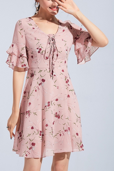 Retro Floral Printed V-Neck Ruffle Sleeve Pink Elegant Mini A-Line Chiffon Dress
