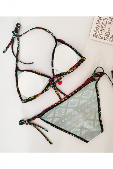 Retro Geometric Printed Tassels Patchwork Halter Neck Green Bikini Swimwear