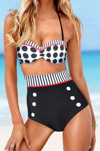 Sexy Polka Dot Striped Printed Halter Top High Waist Bottom Swimwear