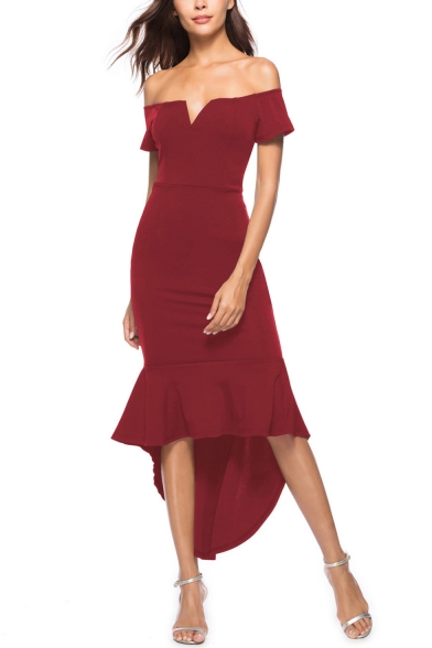 Sexy V-Neck Off the Shoulder Zip-Back Fishtail Hem Solid Maxi Asymmetrical Dress