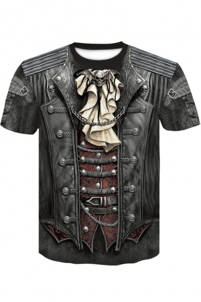 Stylish Buckle Chain Skull Printed Round Neck Short Sleeve Casual T-Shirt