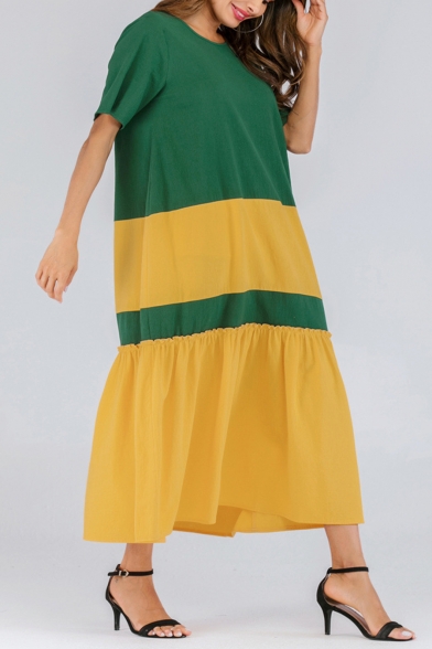 Stylish Color Block Round Neck Short Sleeve Loose Green and Yellow Maxi A-Line Dress
