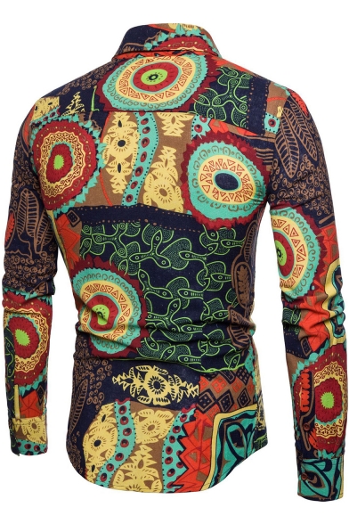Stylish Ethnic Floral Printed Men's Long Sleeve Casual Fitted Button-Up Shirt