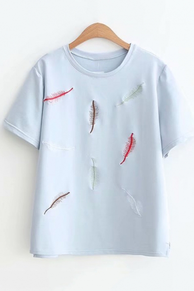 Stylish Feather Embroidered Forked Hem Round Neck Short Sleeve Loose T-Shirt