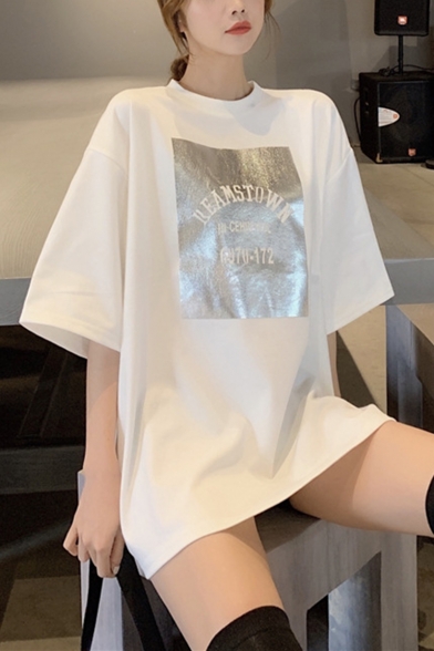 Stylish Letter Printed Round Neck Half Sleeve Longline Relaxed T-Shirt