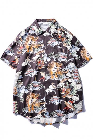 Summer New Trendy Retro Ukiyo-e Tiger Printed Unisex Holiday Black Hawaiian Shirt