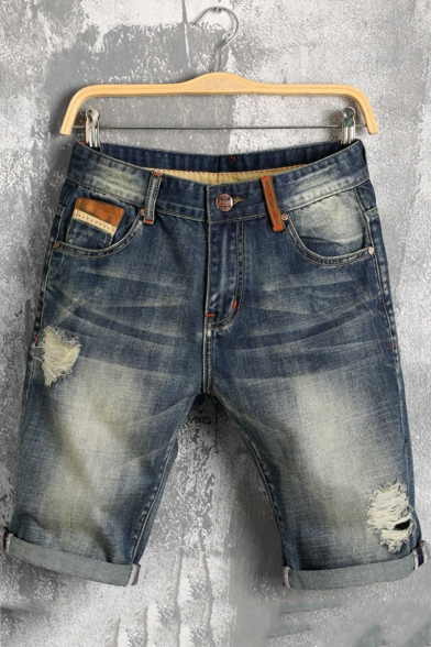 Summer Vintage Destroyed Ripped Detail Rolled Cuff Blue Denim Shorts for Guys