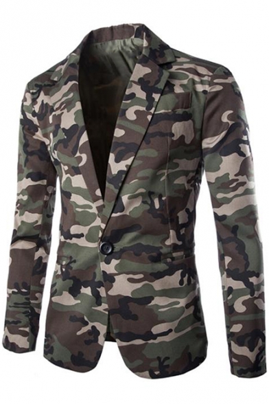 Trendy Camouflaged Pattern Notched Lapel Long Sleeves Single Button Slim Cotton Blazer with Pockets