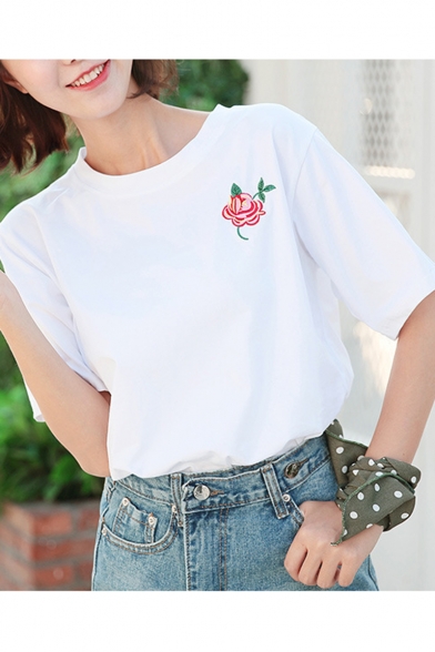 Women's Fashion Rose Embroidered Short Sleeve White Cotton Tee
