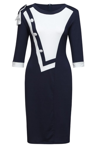Womens Commute Buttons Patched Colorblocked Round Neck Three-Quarter Sleeve Midi Bodycon Dress
