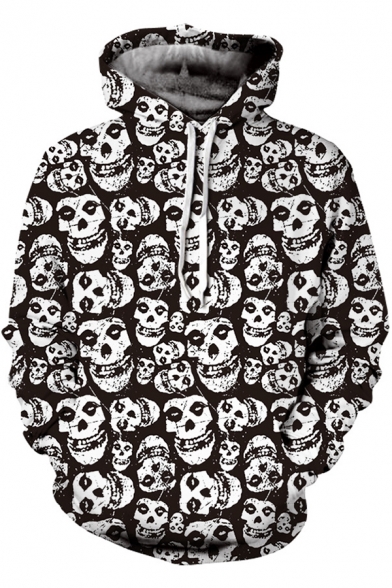 Allover Skull Printed Unisex Pullover Loose Fit Black and White Hoodie