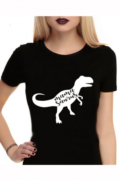 Cartoon Dinosaur Letter MAMA SAURUS Printed Short Sleeve Loose Casual T-Shirt