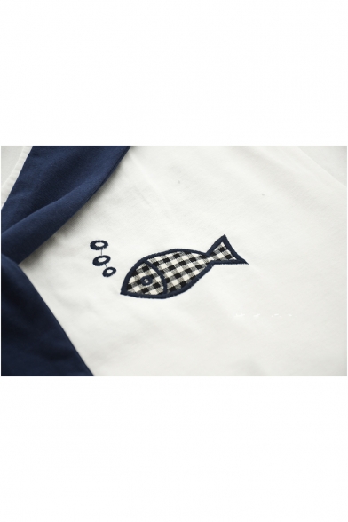 Cartoon Plaid Fish Embroidery Tied Front Round Neck Short Sleeve T-Shirt