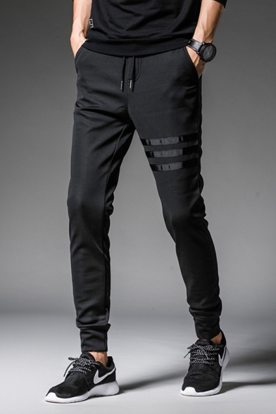 Cool Fashion Three-Stripe Tape Patched Drawstring Waist Mens Sport Black Pants