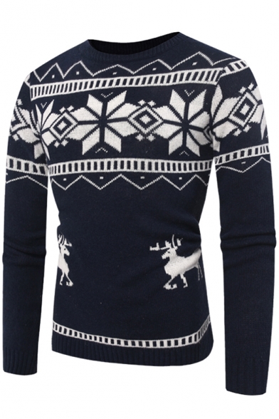 Fashion Christmas Mono Deer Print Long Sleeve Crewneck Fitted Sweater for Men