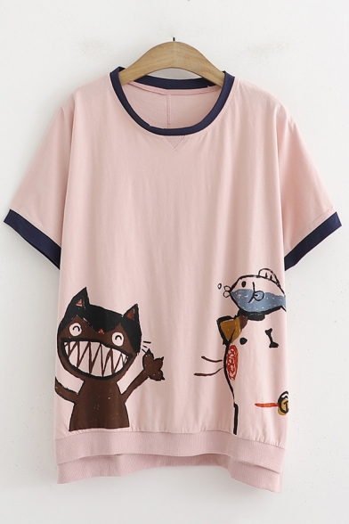 Funny Cartoon Cat Fish Print Summer Short Sleeve Relaxed T-Shirt