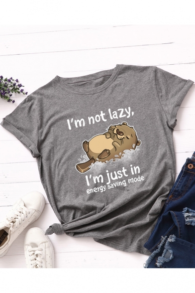 Funny Cute Animal Letter Printed Short Sleeve Round Neck Summer Cotton Tee