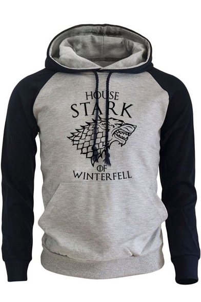 Game of Thrones Stark Wolf Printed Colorblock Fitted Long Sleeve Pullover Hoodie