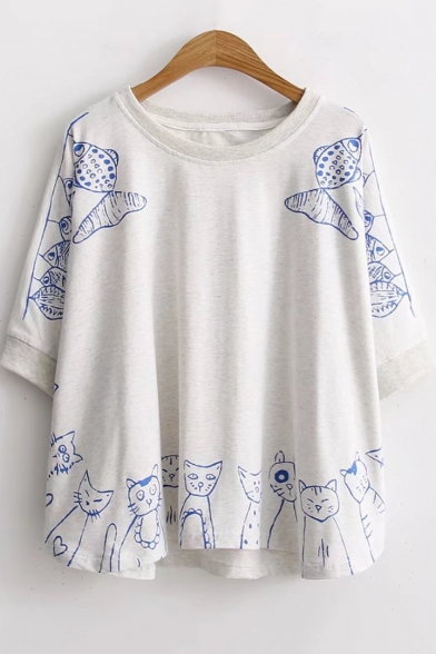 Girls Lovely Cat Fish Pattern Round Neck Half Sleeve Loose Fit Cotton T-Shirt
