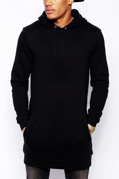 Guys Hip Hop Style Fashion Zip Side Solid Color Long Sleeve Longline Hoodie