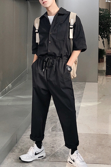 Guys New Stylish Solid Color Short Sleeve Drawstring Waist Loose Casual Work Jumpsuits Coveralls