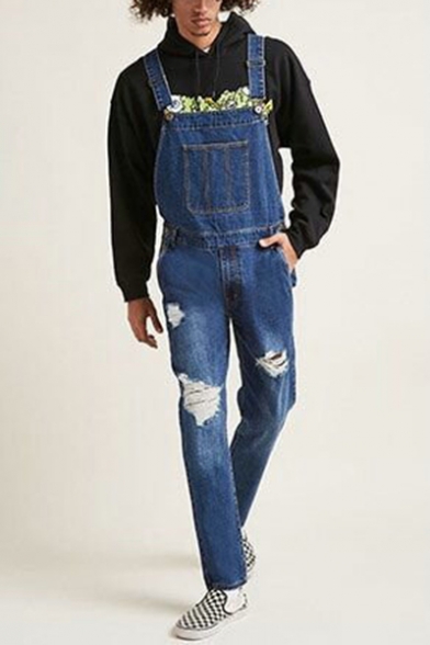Guys Vintage Hip Hop Fashion Ripped Detail Denim Jeans Bib Overalls